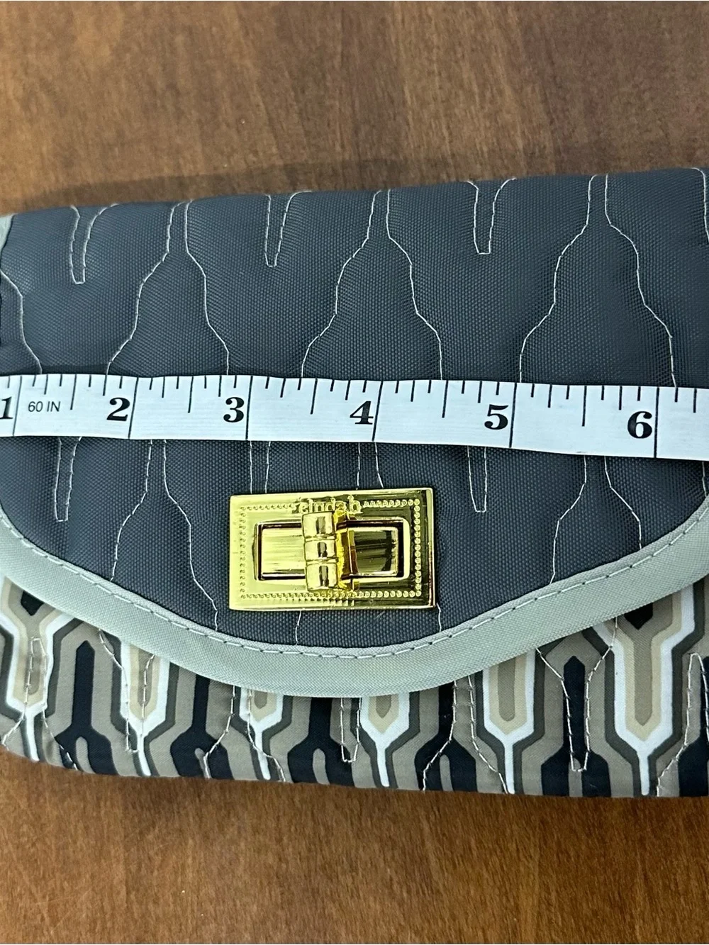 Cinda B Gray and Cream Geometric Wristlet Clutch with Keychain and card holder